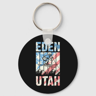 Matching Retro Style Mountain Skiing Eden Utah Tri Key Ring