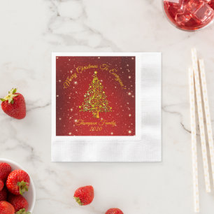 Matching Set Christmas Red Gold Tree Name Cocktail Napkin