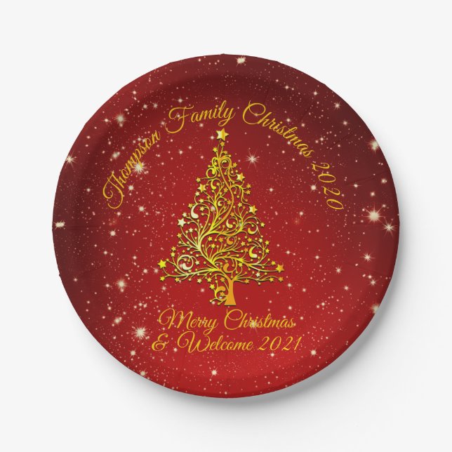Matching Set Christmas Red Gold Tree Stars Name 7" Paper Plate (Front)