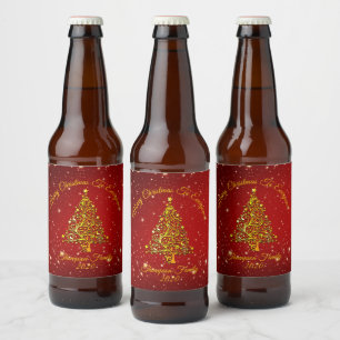 Matching Set Christmas Red Gold Tree Stars Name Beer Bottle Label