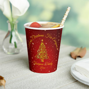 Matching Set Christmas Red Gold Tree Stars Name Paper Cups