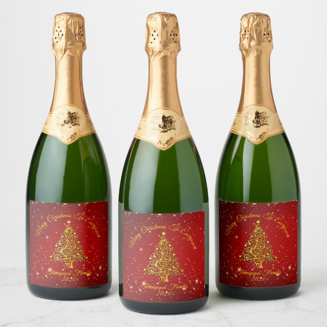 Matching Set Christmas Red Gold Tree Stars Name Sparkling Wine Label (Bottles)