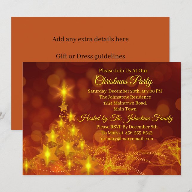 Matching Set Gold Stars Tree Change Text Christmas Invitation (Front/Back)