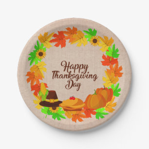 Matching Set Thanksgiving Green Gold Wreath Hat 7" Paper Plate