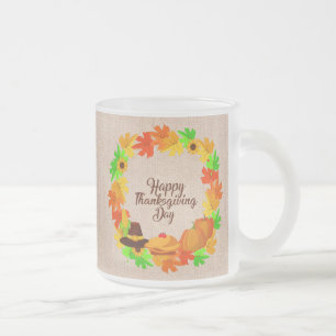 Matching Set Thanksgiving Green Gold Wreath Hat Frosted Glass Coffee Mug