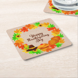 Matching Set Thanksgiving Green Gold Wreath Hat Square Paper Coaster