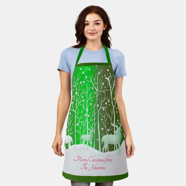 Matching Set White Reindeer Edit Name Green Apron (Worn)