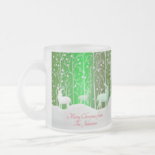 Matching Set White Reindeer Edit Name Green Frosted Glass Coffee Mug