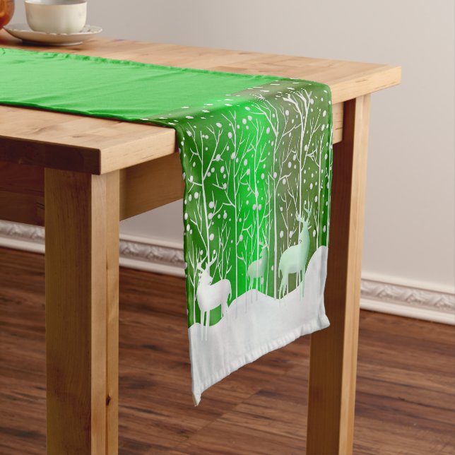Matching Set White Reindeer Edit Name Green Short Table Runner (In Situ)