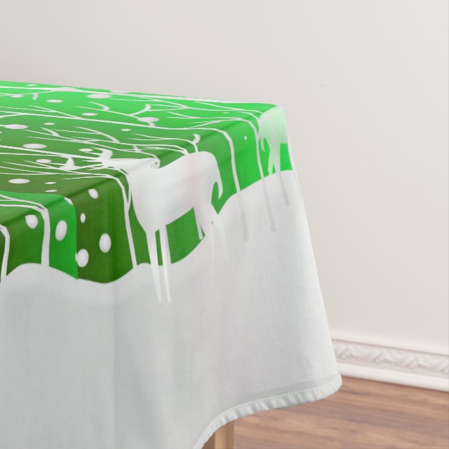Matching Set White Reindeer Edit Name Green Tablecloth (In Situ)