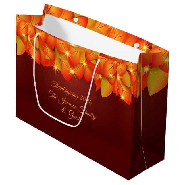 Matching Thanksgiving Orange Leaf Name Year Large Gift Bag (Front Angled)