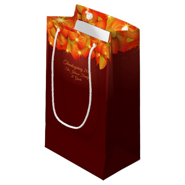 Matching Thanksgiving Orange Leaf Name Year Small  Gift Bag (Front Angled)