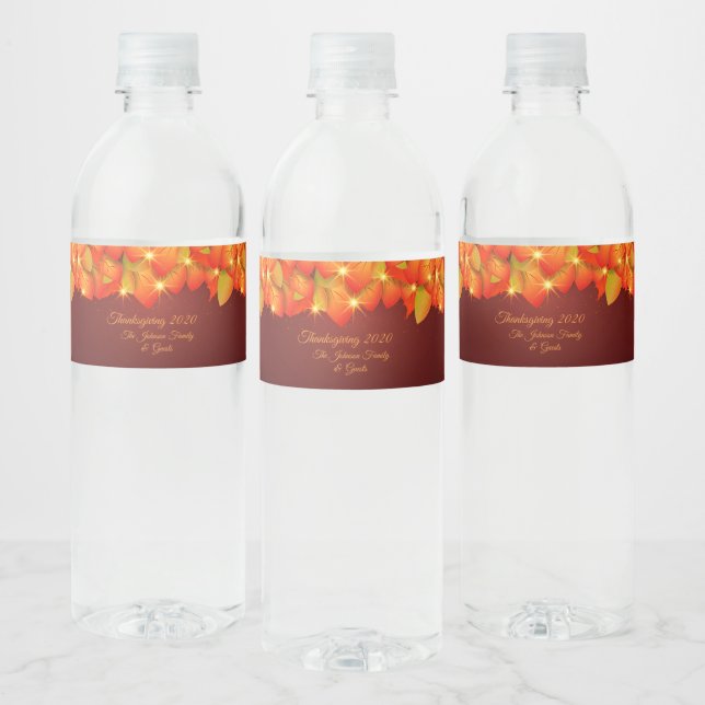 Matching Thanksgiving Orange Leaf Name Year Water Bottle Label (Bottles)