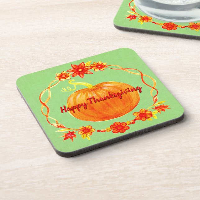 Matching Thanksgiving Pumpkin Hard Plastic on Cork Coaster (Left Side)