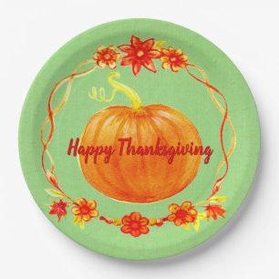 Matching Thanksgiving Pumpkin on Green 9" Paper Plate