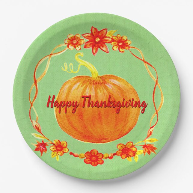 Matching Thanksgiving Pumpkin on Green Paper Plate (Front)
