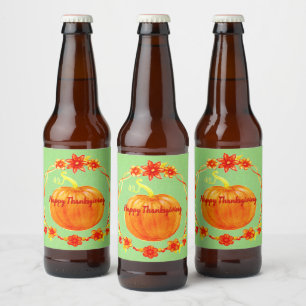 Matching Thanksgiving Watercolor Pumpkin on Green Beer Bottle Label
