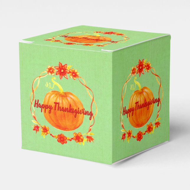 Matching Thanksgiving Watercolor Pumpkin on Green Favour Box (Front Side)
