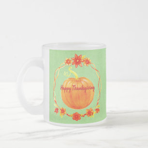 Matching Thanksgiving Watercolor Pumpkin on Green Frosted Glass Coffee Mug