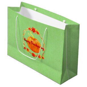 Matching Thanksgiving Watercolor Pumpkin on Green Large Gift Bag