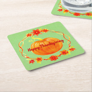 Matching Thanksgiving Watercolor Pumpkin on Green Square Paper Coaster
