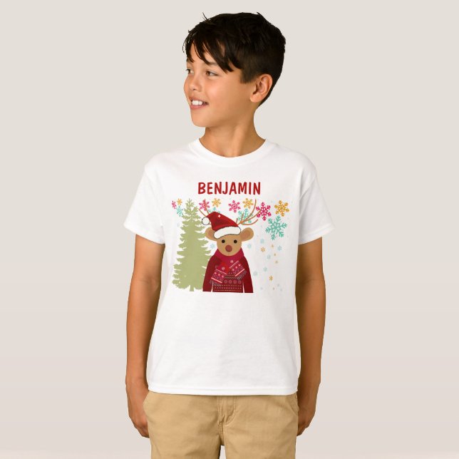 Matching Trendy Cute Red Nose Reindeer Christmas T-Shirt (Front Full)