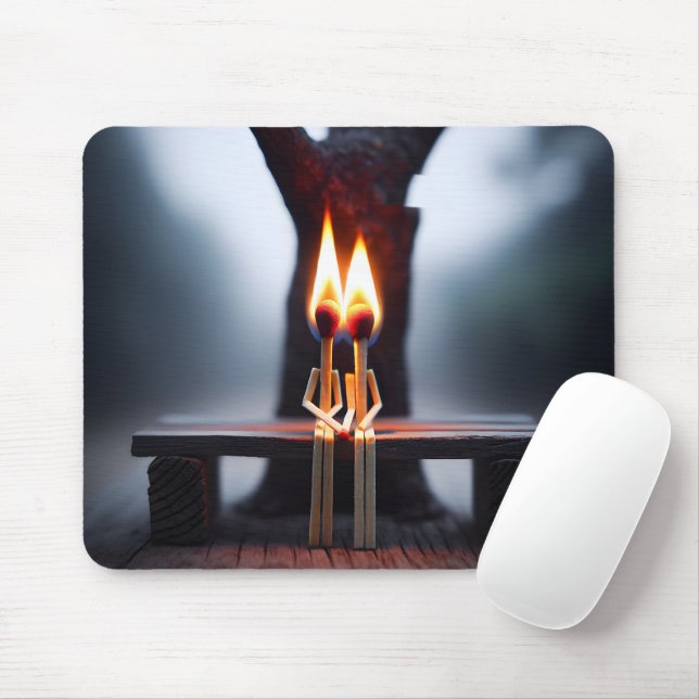 Matchstick Couple On a Bench With Flames Mouse Mat (With Mouse)