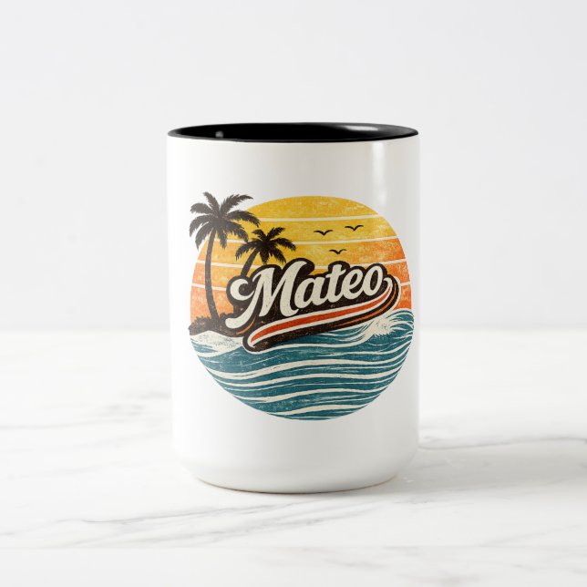 Mateo Retro Sunset Name Design Two-Tone Coffee Mug (Center)