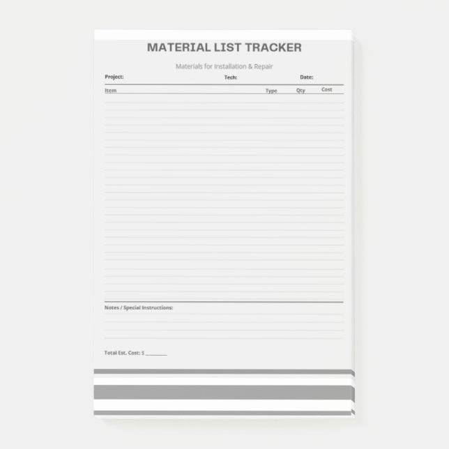 Material List Tracker Post-it® Notes (Front)
