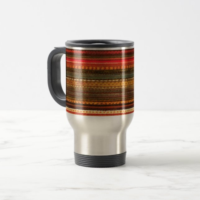 Material Textile Stripes Red Orange and Green Travel Mug (Front Left)