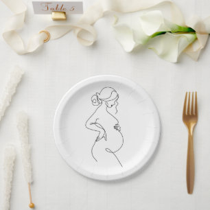 Maternal Elegance: Pregnant Women Line Art Paper Plate