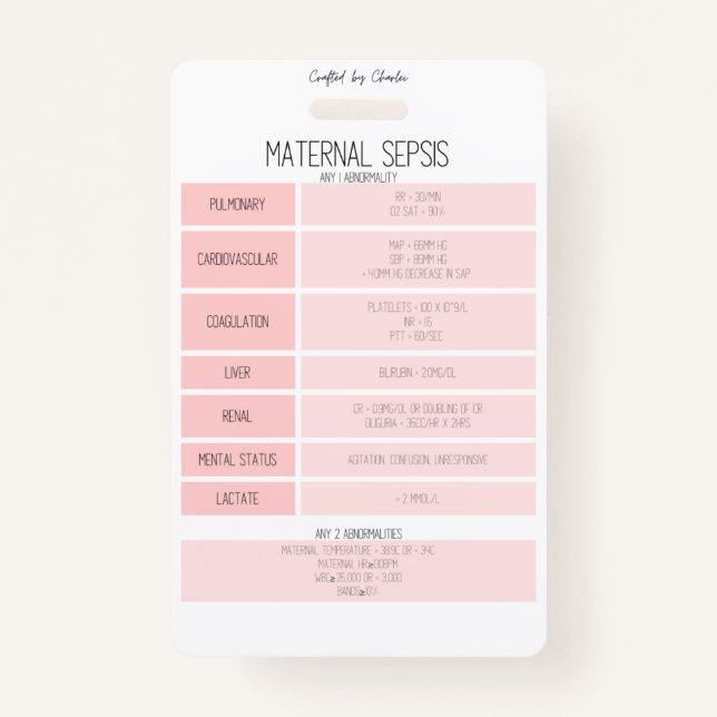 Maternal Sepsis Reference Nurse Badge Card ID Badge (Front)