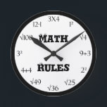 Math Equation Classroom Clock<br><div class="desc">This math equation classroom clock is perfect for the math classroom teacher. Featuring math problems as clock numbers for students to solve, this clock is fun and interesting. The design is featured on a white background with black numbers and the words "Math Rules" in black with fun little eyeballs on...</div>