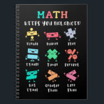Math keeps you balanced notebook<br><div class="desc">Playful math artwork with plus,  minus,  times,  divide,  equals,  percent,  greater than,  less than and not equal. A friendly learning themed layout that shows how math concepts stay in balance. Great for teachers and students.</div>