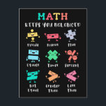 Math keeps you balanced postcard<br><div class="desc">Playful math artwork with plus,  minus,  times,  divide,  equals,  percent,  greater than,  less than and not equal. A friendly learning themed layout that shows how math concepts stay in balance. Great for teachers and students.</div>