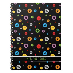 Math Symbols in Colorful Circles Pattern on Black Notebook