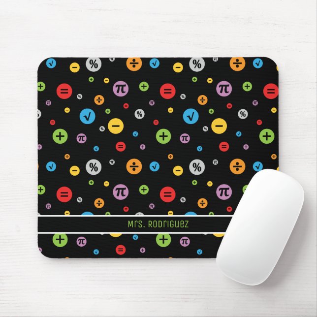Math Symbols in Colourful Circles Pattern on Black Mouse Mat (With Mouse)