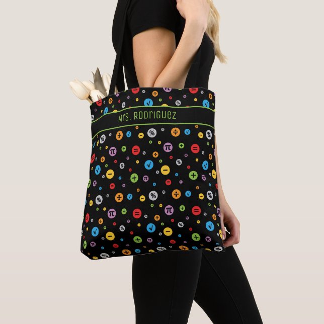 Math Symbols in Colourful Circles Pattern on Black Tote Bag (Close Up)