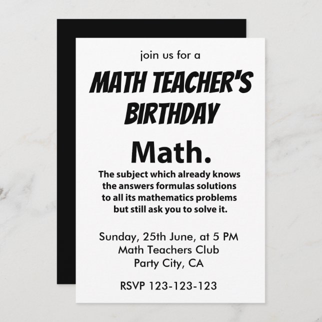 Math Typography Math Teachers Birthday Math Invitation (Front/Back)