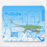Mathematical equations and geometric designs mouse mat<br><div class="desc">A mouse pad that has an illustration of a green lizard standing on a paper filled with mathematical equations and geometric designs.</div>