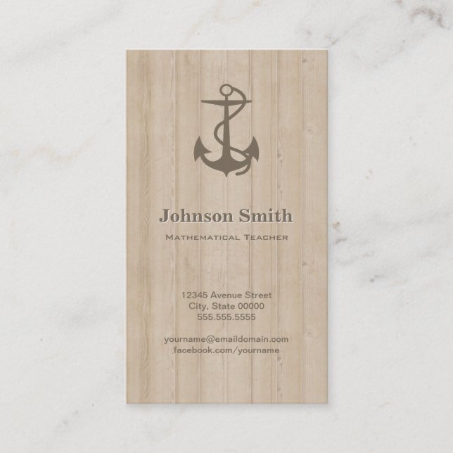 Mathematical Teacher - Nautical Anchor Wood Business Card (Front)