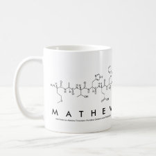 Mug featuring the name Mathew spelled out in the single letter amino acid code