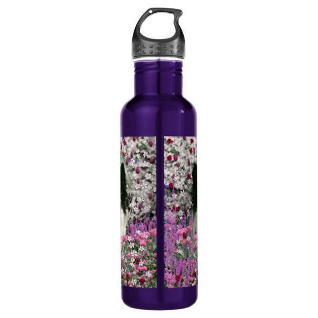 Matisse in Flowers - White & Black Papillon Dog 710 Ml Water Bottle (Front)