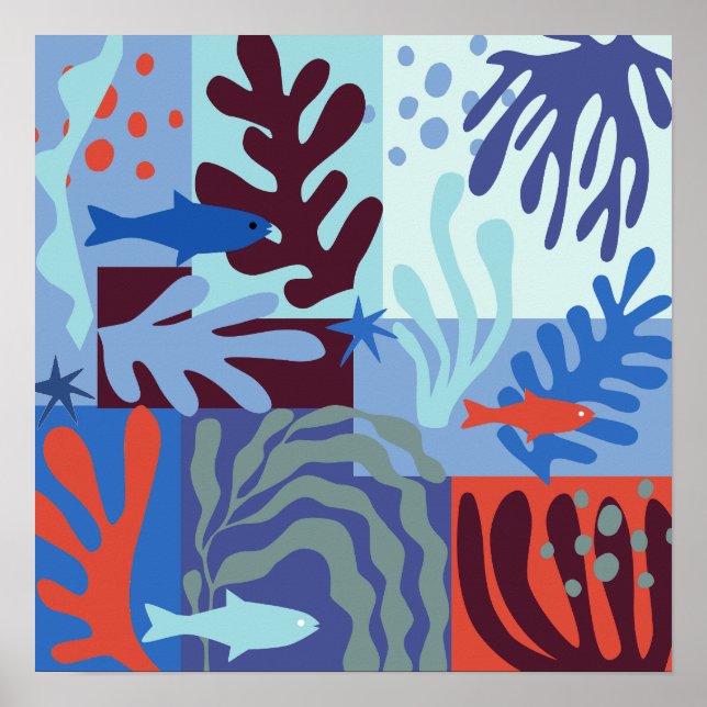 Matisse Inspired Ocean Life Paper Cutouts Blue Poster (Front)