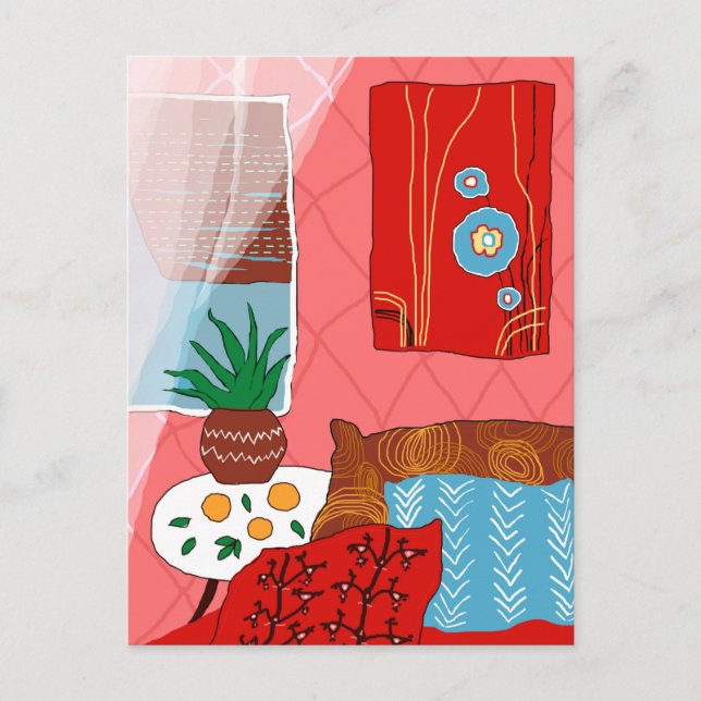 Matisse Inspired Red Room with Pillows Aloe Orange Postcard (Front)