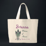 Matron of Honoor Peacock Feather Teal Purple Large Tote Bag<br><div class="desc">This custom mother of the bride tote bag with its teal green and purple peacock feathers and a place to put a name,  wedding role,  and wedding date makes a sweet wedding gift for a Matron of Honour.  Add her name and wedding date!</div>