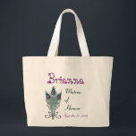 Matron of Honoor Peacock Feather Teal Purple Large Tote Bag<br><div class="desc">This custom mother of the bride tote bag with its teal green and purple peacock feathers and a place to put a name,  wedding role,  and wedding date makes a sweet wedding gift for a Matron of Honour.  Add her name and wedding date!</div>