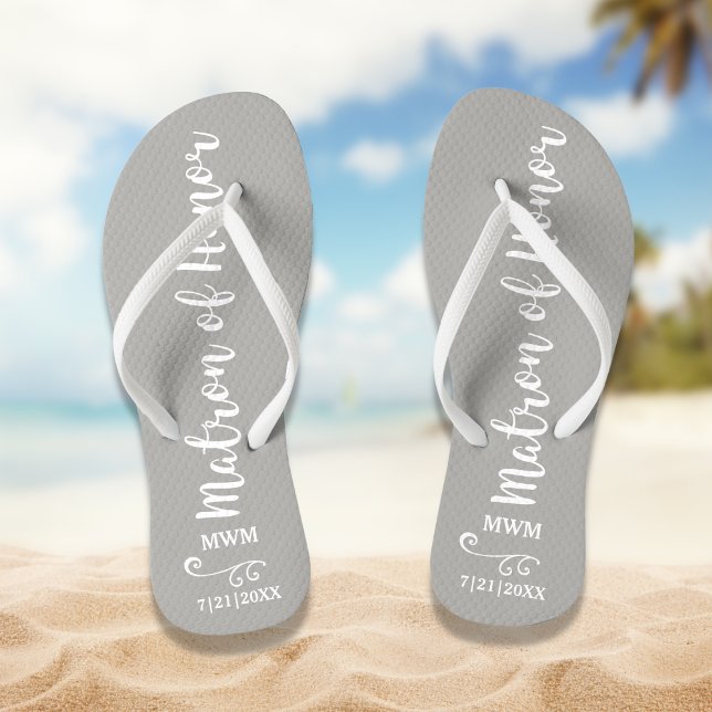 Matron of Honor Wedding Favor Name Monogram Grey Flip Flops (Creator Uploaded)