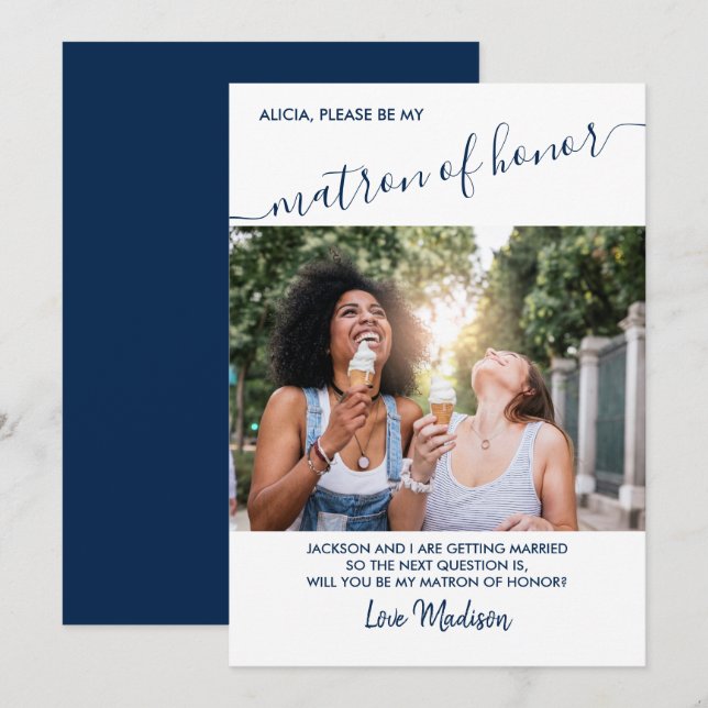 Matron of Honour Blue and White Photo Proposal Car Invitation (Front/Back)