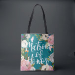 Matron of Honour Brushed Floral Wedding Party Tote Bag<br><div class="desc">Custom colour background and all over printing with painted floral edges. Matron of Honour in brush script on one side and name on the back. Customise to change the background colour (turquoise). Black looks amazing too. The gorgeous painted florals are by Create the Cut. Find them on Creative Market https://crmrkt.com/7WdAX,...</div>